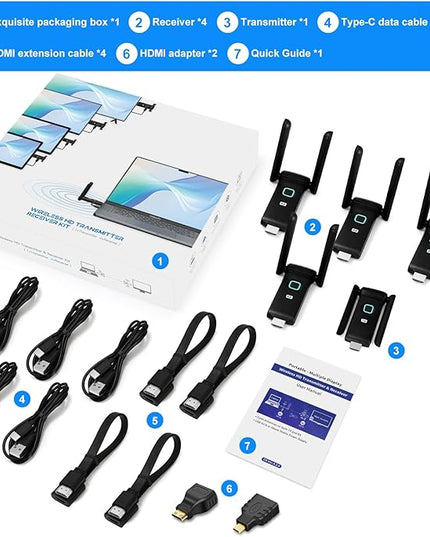 Wireless HDMI 4 Receivers and Transmitter,Up to 6 RXs,No Hot,Extender Plug and Play,165FT/50M,2.4/5G Wirelessly Simultaneous Expansion for Multiple Screens from Laptop and Camera to TVs,Projectors