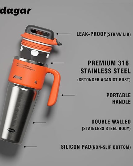32 oz Stainless Steel Insulated Water Bottle with Handle, Sports Tumbler with Lid and Straw, Push-button Leak-proof Travel Cup, Fits in Car Cup Holder - Dynamic Orange