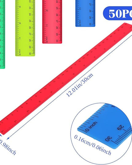 Zonon 50 Pcs 6 Inch/12 Inch Plastic Rulers Bulk Flexible Straight Rulers with Inches Centimeters First Day of School Gift Students Back to School Office Home Supplies(Colorful,12 Inch)