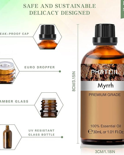 Myrrh Essential Oil, 1.01Fl.Oz (30ML) PHATOIL Pure Essential Oil Singles for Aromatherapy Diffusers, Humidifiers, Great for DIY Candle and Soap Making, Gift for Friend