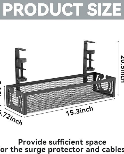 Cable Management, 15'' Under Desk Cable Management Tray No Drill, Metal Cable Organizer with Clamp for Wire Management, Cord Organizer for Home Office, Desk Accessories Organizer, Black