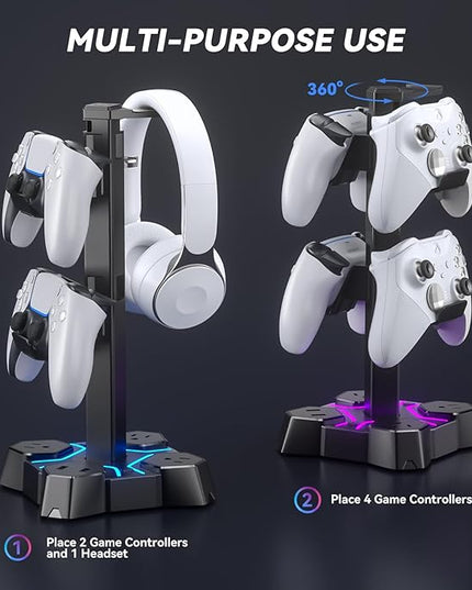 KDD Headphone Stand with USB Charger, Controller Stand for Desk, Headphone Holder with 2 USB Charging Ports and 3 AC Outlets, Accessories for Desktop(Black)
