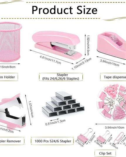 Office Supplies,Desk Accessories, Stapler and Tape Dispenser Set for Women with Stapler, Tape Dispenser, Staple Remover, Staples, Clips, Scissor and Tabs,Gift for Students, Coworkers