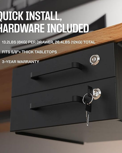 Under Desk Drawer Slide-Out – Lockable Metal Storage Drawers with Cable Management for Office & Home (Double, Non-Bracketed)
