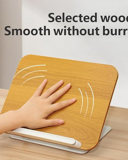 Book Stand for Reading, Wood Reading Rack with 360 Degree Rotating Base Page Clip Adjustable Height Book Holder Foldable Laptop Holder for Reader Office Kitchen School Tablet