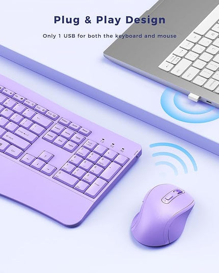 Ergonomic Keyboard and Mouse Combo - Full Size Keyboard Cordless with Palm Wrist Rest Ergonomic Mouse Wireless for Windows Computers Laptops - Light Purple (Upgrade)
