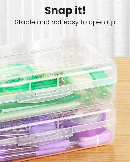 Sooez Plastic Pencil Case Box 6 Pack, Large Crayon Maker Pen Organizer, Plastic Containers with Snap Lids, Stackable Craft Storage Boxes Bulk, School Supplies Art Box for Bead, Clear