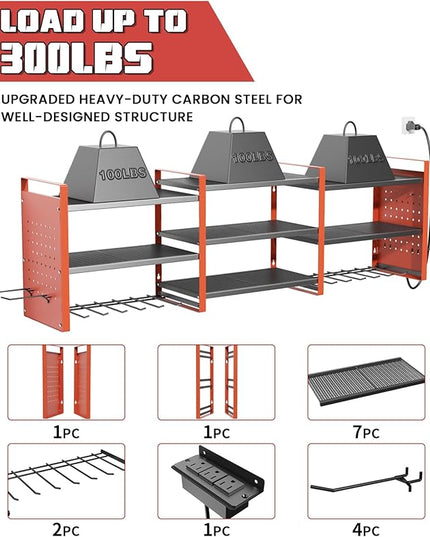 Heavy-Duty 48" Wall Mount Power Tool Organizer with Charging Station – 3-Tier Garage Organization Rack for Drills, Wrenches & Tools – Includes 16 Hooks & Pegboard Sides