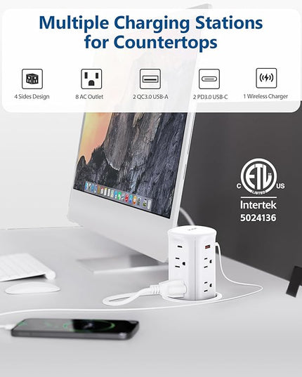Jgstkcity Pop up Outlet for Countertop,65W USB C Fast Charging,15W Wireless Charger,13-in-1 Kitchen Island Electrical Power Station,4 USB,8 Outlets,15A Surge Protector,3.15'' Hole,ETL Listed