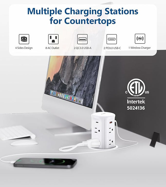 Jgstkcity Pop up Outlet for Countertop,65W USB C Fast Charging,15W Wireless Charger,13-in-1 Kitchen Island Electrical Power Station,4 USB,8 Outlets,15A Surge Protector,3.15'' Hole,ETL Listed