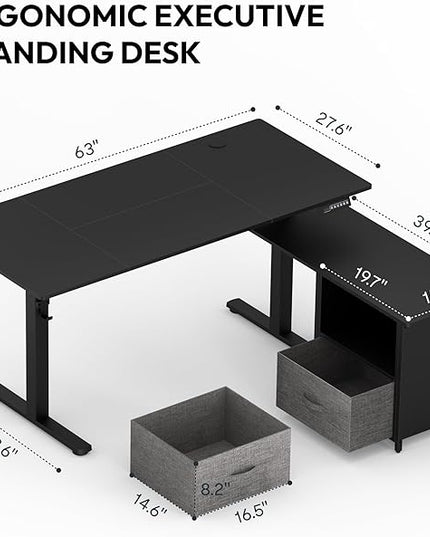 SANODESK 63'' L Shaped Standing Desk with 2-Drawer File Cabinet, Electric Height Adjustable Stand up Desk w/USB Charge Ports, Home Office Modern Wood Computer Desk with Shelves,Black Frame/Black Top