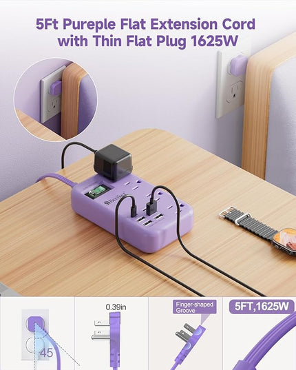 6 USB(2 USB C) Purple Travel Power Strip- 5Ft Lavender Extension Cord with 24W USB Charging Station and 4 Outlets, Purple Desk Accessories with Surge Protector for Cute Kawaii Office Dorm Room