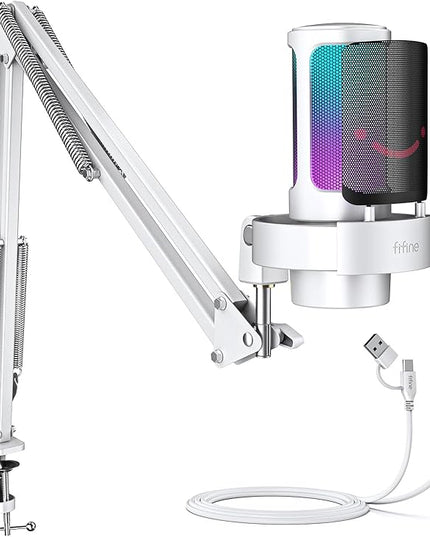 FIFINE Gaming PC USB Microphone Kit, Condenser RGB Mic with Metal Boom Arm, Mute, Gain Knob, Headphones Monitoring, Streaming Microphone Bundle for PS4/PS5, YouTube, Discord, Twitch-A8T White