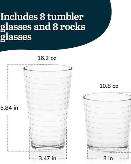 Libbey Hoops Tumbler and Rock Glass Set, Two Sized Nostalgic Retro Glass Cups Set, Dishwasher Safe Glasses Drinking Set of 16 for Any Occasion