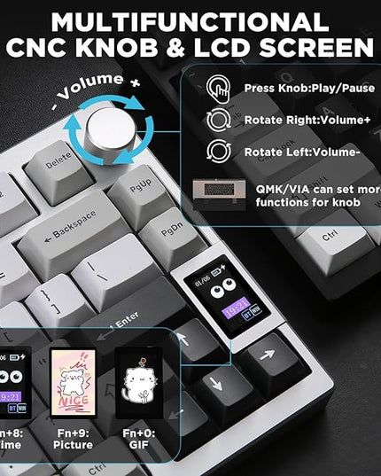 YUNZII AL80 Wireless Mechanical Keyboard,Full Aluminum CNC, Smart LCD Display,Hot Swappable Gasket Mount 75% Layout with Knob,BT/2.4G/USB-C,QMK/VIA Support for Win/Mac (Silver, Cocoa Cream V2 Switch)