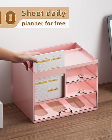 Marbrasse Desk Organizer with 3 Drawer, Multi-Functional Pencil Pen Holder for Desk, Desk Organizers and Accessories with 4 Compartments, Desktop Organizer Storage for Office Home Art Supplies (Pink)