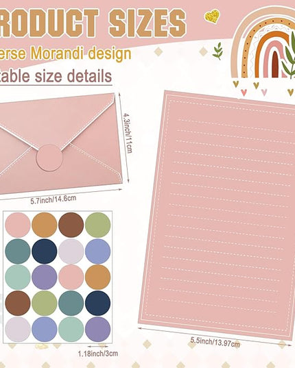 TaoBary 160 Packs Stationery Paper Set (50 Double Sided Stationery Writing Papers 50 Matching Envelopes) 60 Round Dot Sticker, 10 Design (Morandi Color)