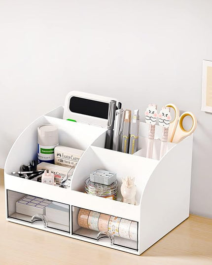 Desk Organizer with 6 Compartments and 2 Drawers, Plastic Makeup Organizer, Pen Holder for Desktop Storage, Desk Organization for School, Home, Office Supplies (White-2Pack)