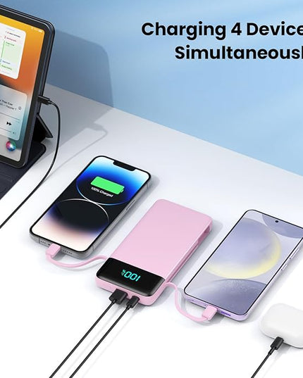 Portable Charger for iPhone with Built in Cables and Wall Plug,Upgraded 13800mAh Fast Charging USB C Power Bank,4 Outputs Travel Essential Battery Pack Compatible with iPhone 17/16/15/14,Samsung-Pink