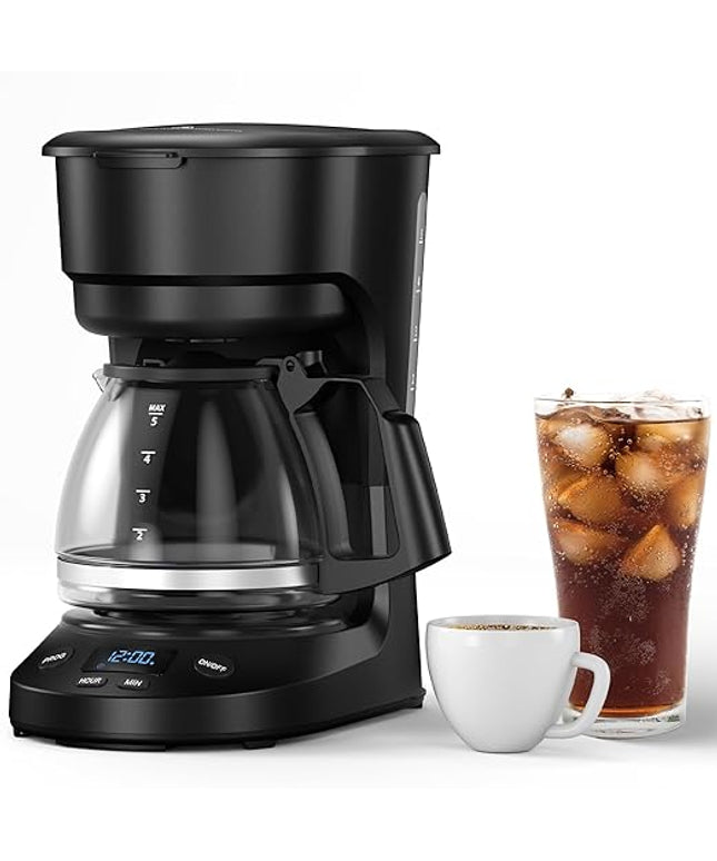 Compact 5-Cup Programmable Drip Coffee Maker — the essential coffee machine with Digital Clock, 24-hour Timer, Auto Shut-Off, and a Removable Filter Basket for Home & Office.