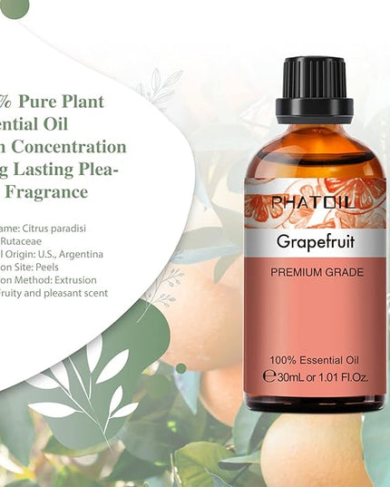 Grapefruit Essential Oil, 1.01Fl.Oz (30ML) PHATOIL Pure Essential Oil Singles for Aromatherapy Diffusers, Humidifiers, Great for DIY Candle and Soap Making, Gift for Friend