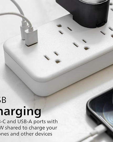 Philips 7-Outlet Surge Protector with USB Charging, 6ft Braided Extension Cord, 1USB-A, 1USB-C, 1500J, Adapter Spaced, Outlet Extender Power Strip, White - SPP3983W/37