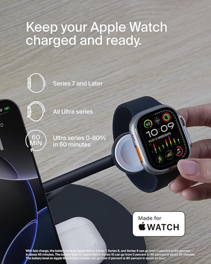 Belkin MagSafe-Compatible Charger, 3-in-1 Wireless Charging Station, Qi2-Certified 15W Wireless Charge for Apple iPhone 17 Series, Apple Watch, AirPods w/Non-Slip Base, 40W Included - Black