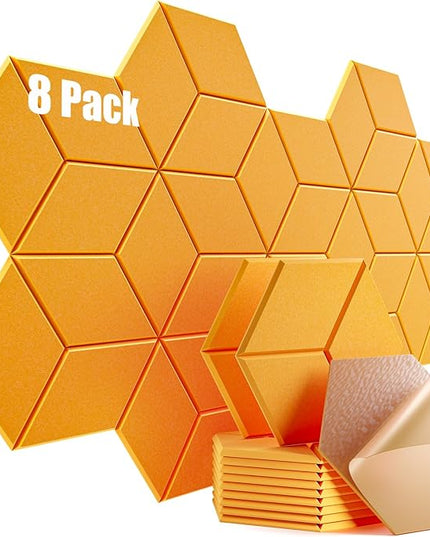 8 Pack Self-Adhesive Acoustic Panels 12" X 10" X 0.4" -Sound Proof Foam Panels for Wall with High Density, Y-Lined Design, Flame Resistant, Absorb Noise and Eliminate Echoe(Orange Yellow)