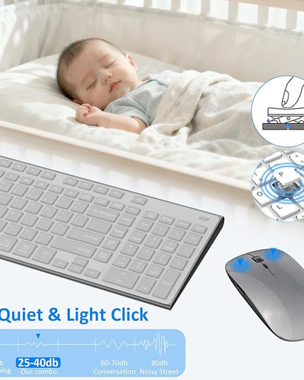Wireless Keyboard and Mouse, GALENMORO Silent Quiet Combo Low Profile USB C Full Size Compact with Number Pad Flat Soft Touch Cordless for Mac Computer PC Laptop MacBook iMac Office - Black and Gray
