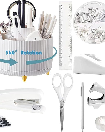 Desk Organizers and Accessories Set with 360-Degree Rotating Pen Holder, Tape Dispenser, Stapler, Staple Remover, 1000 Staples, Tape, Clips Set, Ruler, Scissor, Pen