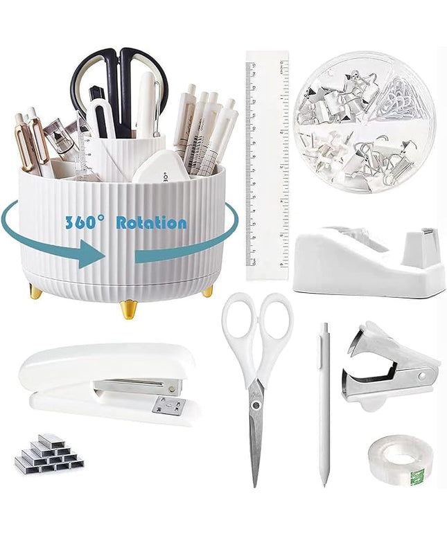 Desk Organizers and Accessories Set with 360-Degree Rotating Pen Holder, Tape Dispenser, Stapler, Staple Remover, 1000 Staples, Tape, Clips Set, Ruler, Scissor, Pen