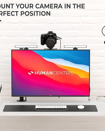 HumanCentric DSLR Monitor Mount Small, Desk Camera Mounting, Light Webcam, Microphone Shelf for Monitor VESA Arm, Replace Clamp Tripods, 100x100mm Patterns, Aluminum, Hardware Included