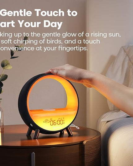 Dekala Arches Sunrise Alarm Clock Sunset White Noise Sound Machine Sleep Timer Loud Alarm Clock for Heavy Sleepers Natural Sound Wake-Up Light 15W Wireless Charging Customizable Snooze 5G WiFi App