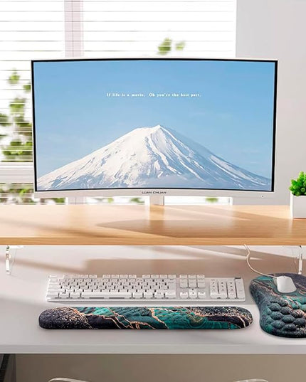 Mouse Pad Wrist Support, Laokiiy 2 in1 Keyboard Wrist Rest+ Ergonomic Mouse Pad, Non-Slip Wrist Rest for Computer Keyboard, Made Easy Typing & Relieve Wrist Pain（Green Gold Black Marble）