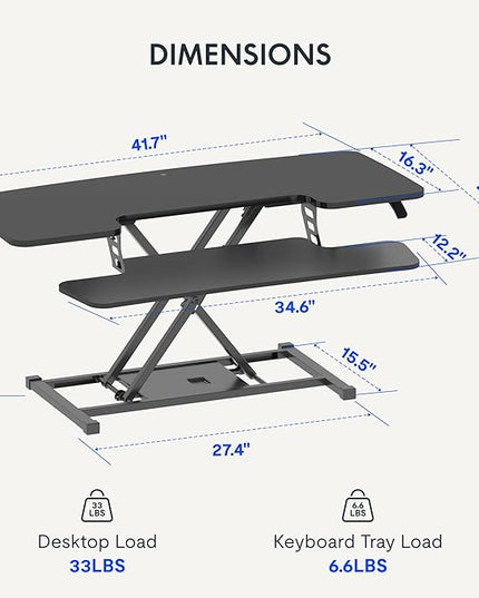 FLEXISPOT Standing Desk Converter 42-inch Spacious Sit to Stand up Dual Monitor and Laptop Riser, Big Size Tabletop Workstation with Large Keyboard Tray, Black