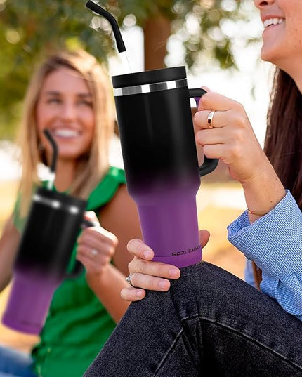 40oz Tumbler with Handle and Straw Spout 2-in-1 Lid, Spill Leak Proof Insulated Travel Cup Traveler Water Mug Keep Cold Hot, Dishwasher Safe Stainless Steel Bottle Gifts for Women Men, Black Purple