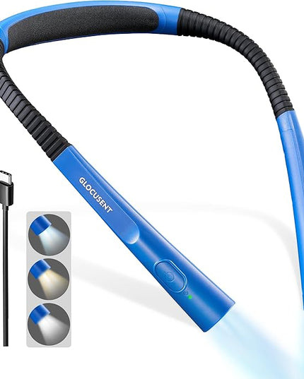 Glocusent Upgraded LED Neck Reading Light, Book Light for Reading in Bed, 30-min Timer, 3 Colors & 3 Brightness Adjustable, Rechargeable & Long Lasting, Perfect for Reading, Knitting