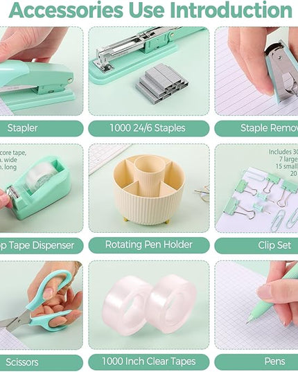 SKYDUE Teal Office Supplies Set, Office Desk Accessories 10Pcs, Pencil Holder for Desk, Stapler, Tape Dispenser, Scissors, Clips and 1000pcs Staples, School Supplies for Teacher