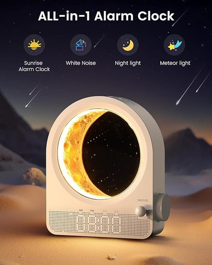 Sunrise Alarm Clock, White Noise Machine & Meteor Moonlight - 10 Soothing Sounds, Dual Alarms, 30/60/90min Timer, Easy Snooze - Bedroom Gift for Insomnia Adults/Women - White