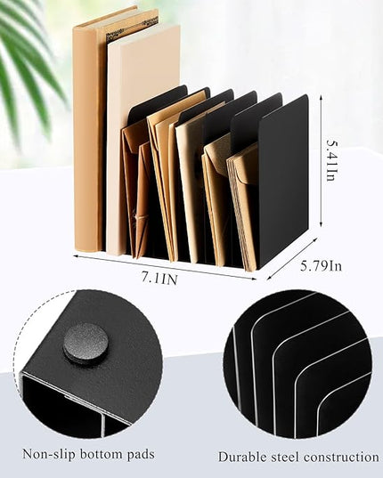 Suzile Metal Desktop File Organizer, 7 Compartments, Vertical File Sorter, Black, 5.79" W x 7.09" L x 5.41" H, Office, Reception Areas, Workspace