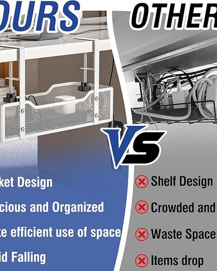 Under Desk Cable Management Tray - GZOKMOG No Drill Cord Organizer with Clamp, Workspace Organizers for Cords, Metal Mesh Wire Management for Home and Office, 1 Pack White, 13.38 inch