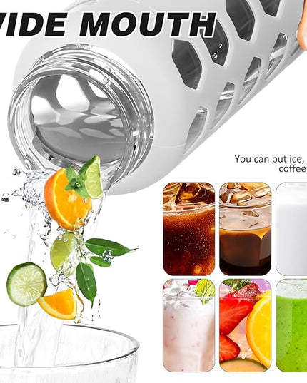 MUKOKO Glass Water Bottles, 24oz Glass Tumbler with Straw, Drinking Bottles with 2 Lids-Handle Spout Lid&Bamboo Straw Lid, Motivational Water Bottle with Time Marker and Silicone Sleeve, 1 Pack-White