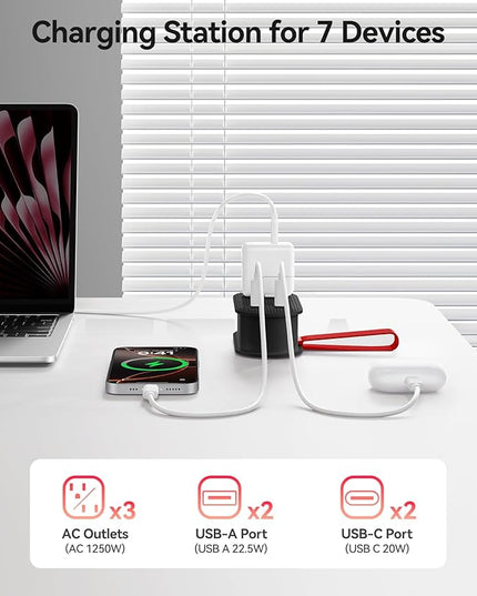 ORICO 22.5W Travel Power Strip, 7 in 1 Charging Station with 3AC, 2 USB-A, 2 USB-C, 4ft Thin Extension Cord, Flat Plug Fashion Essential for Travel/Home/Office/Library/Dorm -TK22