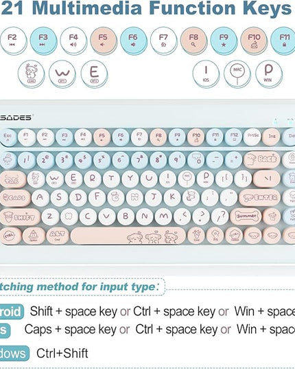 Wireless Bluetooth Keyboard for iPads Tablet Mac PC Laptop Desktop Smart Phone,Cute Typewriter Style Computer Keyboard with Round Raised Keys,Colorful Mini iPad Keyboard for Kids Girl Women-Cream Blue
