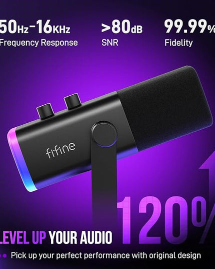 FIFINE USB/XLR Dynamic Microphone for Podcast Recording, PC Computer Gaming Streaming Mic with RGB Light, Mute Button, Headphones Jack, Desktop Stand, Vocal Mic for Singing YouTube-AmpliGame AM8