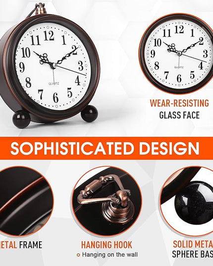 RODH Battery Alarm Clock,Night Light,Vintage Hangable Super Silent Non Ticking Analog Table Clock for Bedroom Bedside, Desk,Shelf