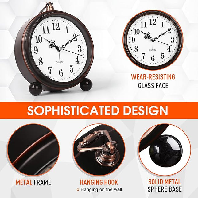 RODH Battery Alarm Clock,Night Light,Vintage Hangable Super Silent Non Ticking Analog Table Clock for Bedroom Bedside, Desk,Shelf
