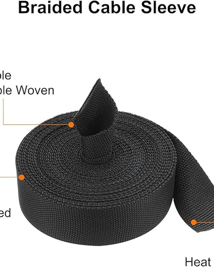 MECCANIXITY Braided Cable Sleeves Heat Shrinkable Fabric Sleeving, 7/8" 26ft Black 2:1 Ratio Heat Shrinkable Cord Protector for Harness Cable, Network Cable Protection, Cable Management