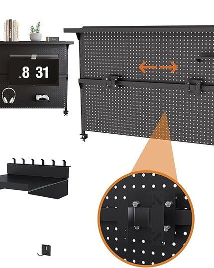 KEIKI Metal Pegboard Desk Organizer with Dual Monitor Stand, 59" x 35" Large Desk Peg Board with Hooks & Movable Panel, Office Organization and Storage Shelf for Gaming or Workstation Setup, Black