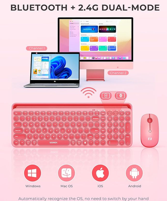 seenda Bluetooth Keyboard and Mouse for iPad, CTU-301 Wireless Multi-Device Connection Bluetooth+2.4G Keyboard Mouse Combo with Tablet Holder for iPad/MacBook/Windows, iOS/Andriod/Phone, Coral Pink